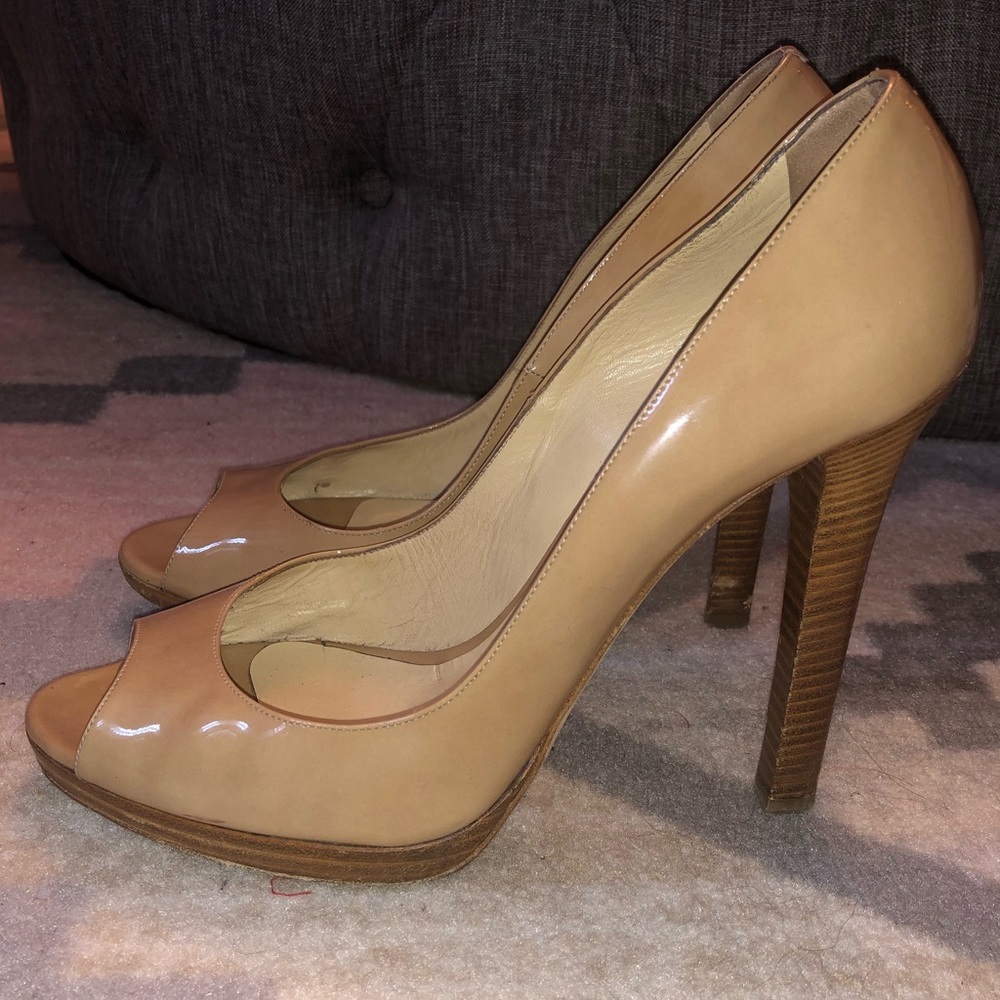 Jimmy Choo Nude Patent Peep Toe Pumps